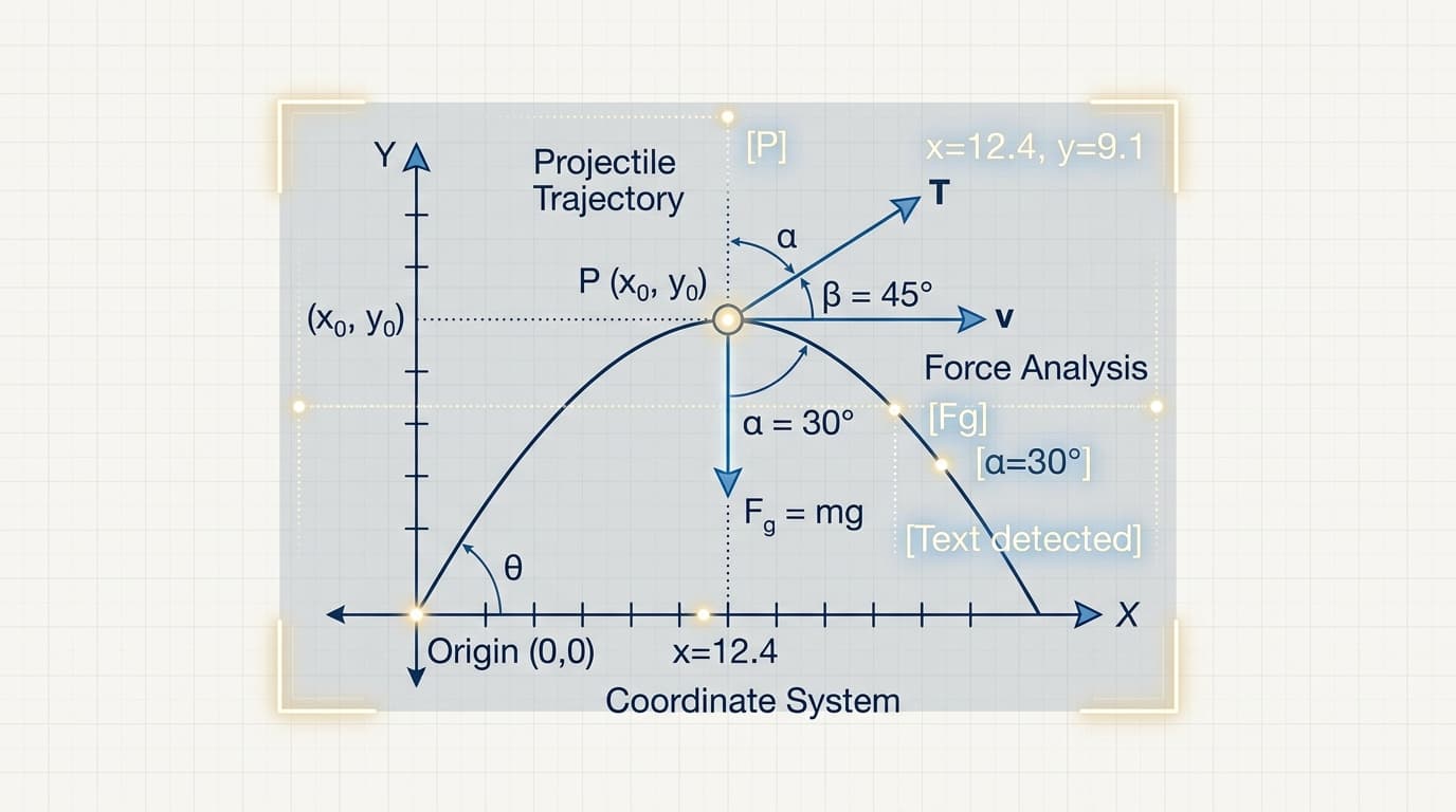 Technical vector diagram illustration showing projectile trajectory, coordinate systems, forces, angles, and OCR scanning labels